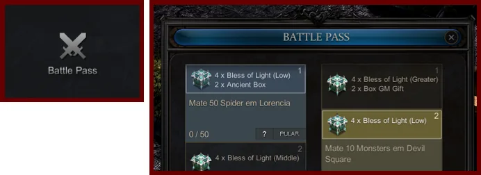 A janela do Battle Pass no cliente novo.