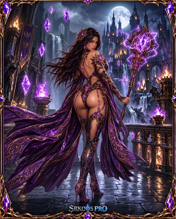 Summoner com traje roxo e dourado, segurando cetro elétrico em sacada gótica iluminada pela lua e cristais mágicos.
