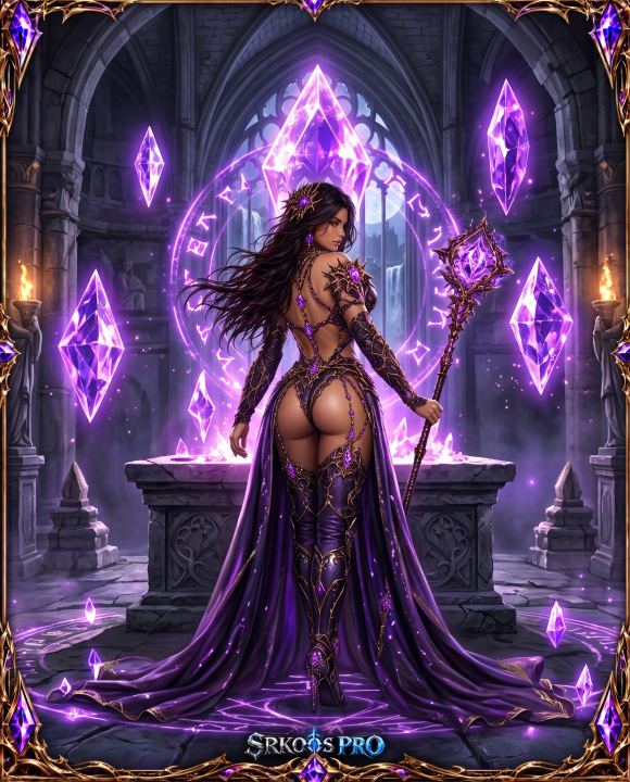 Summoner de costas com traje roxo e cetro mágico em templo gótico cercado por cristais flutuantes.