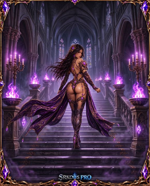 Summoner em pose de costas sobre escadaria gótica, iluminada por chamas violetas em um templo de pedra.