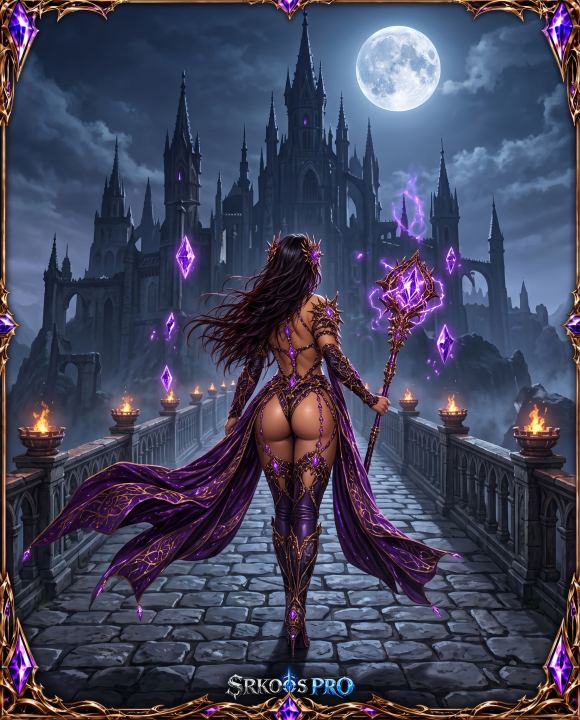 Summoner de costas com cetro mágico e capa roxa na ponte em direção a um castelo gótico sob a lua cheia.