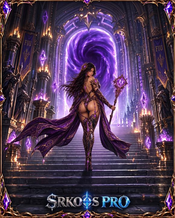 Summoner em traje roxo e dourado, segurando cetro diante de portal espiralado violeta em escadaria gótica.